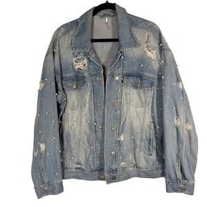 Free People Pearl Embellished Distressed Denim Jacket Lg Oversized Streetwear